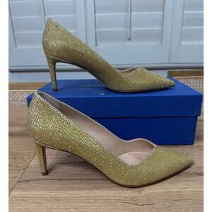 Stuart Weitzman Anny 70 Heel Gold Noir Fabric Upper Size 7 NIB Stylish Dressy